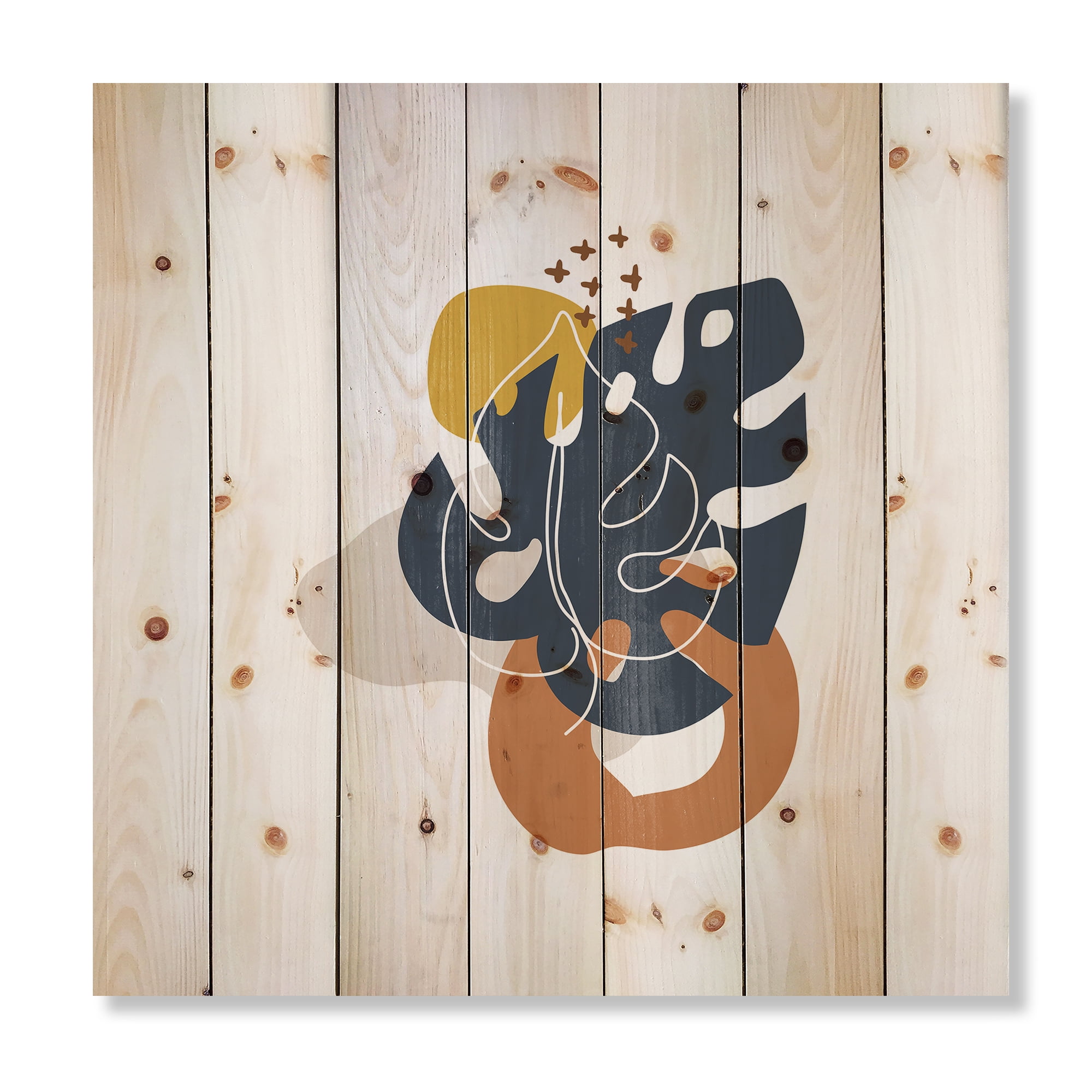 Designart 'Abstract Minimal Shapes Under Flowers IX' Modern Print on Natural Pine Wood