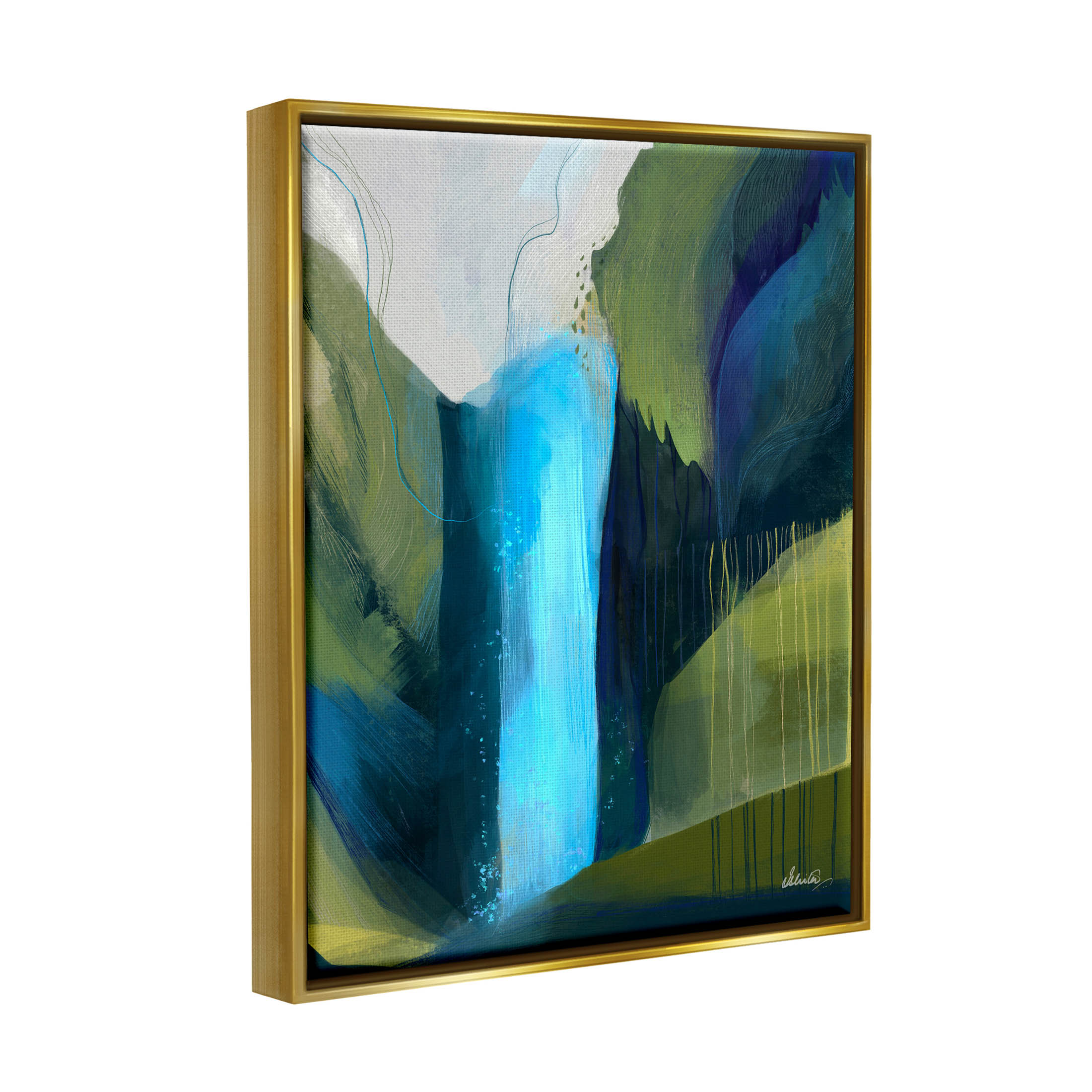Abstract Waterfall Layered Landscape Abstract Graphic Art Metallic Gold Framed Art Print Wall Art