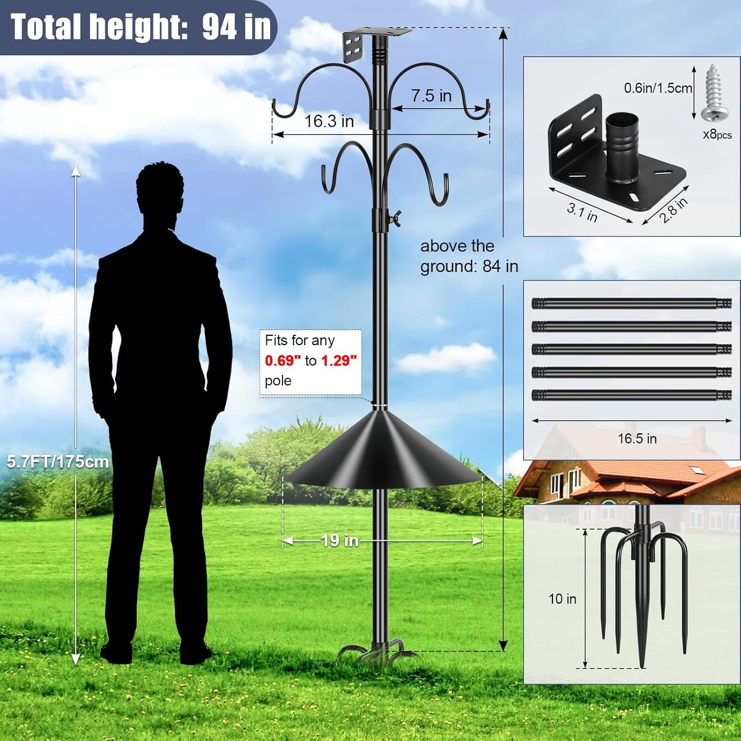 Smart Bird Feeder Pole Squirrel Proof 1-Inch Dia 94 Inch with 4 Shepherds Hooks Hanging Bluebird House Pole for Outdoors Squirrel Baffles for Feeders Metal Heavy Duty Mounting Kit