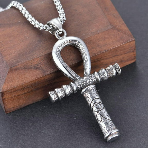 QQTDFG Mens Egyptian Ankh Cross Pendant Necklace Stainless Steel Eye Of Horus Chain-default