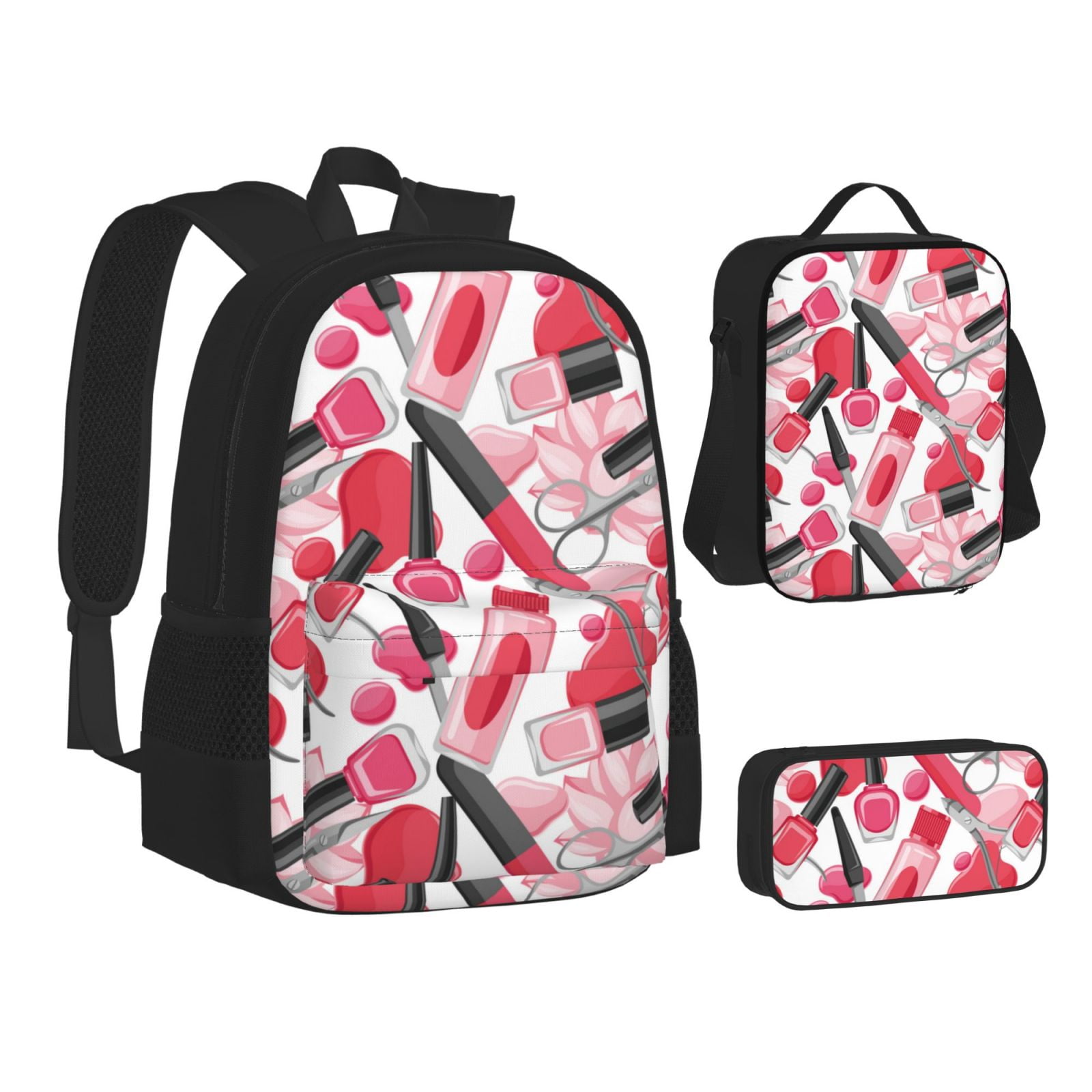 Naloa Makeup Print Large Capacity Backpack Lunch Bag Pencil Case Combination 3 Piece Set for Student