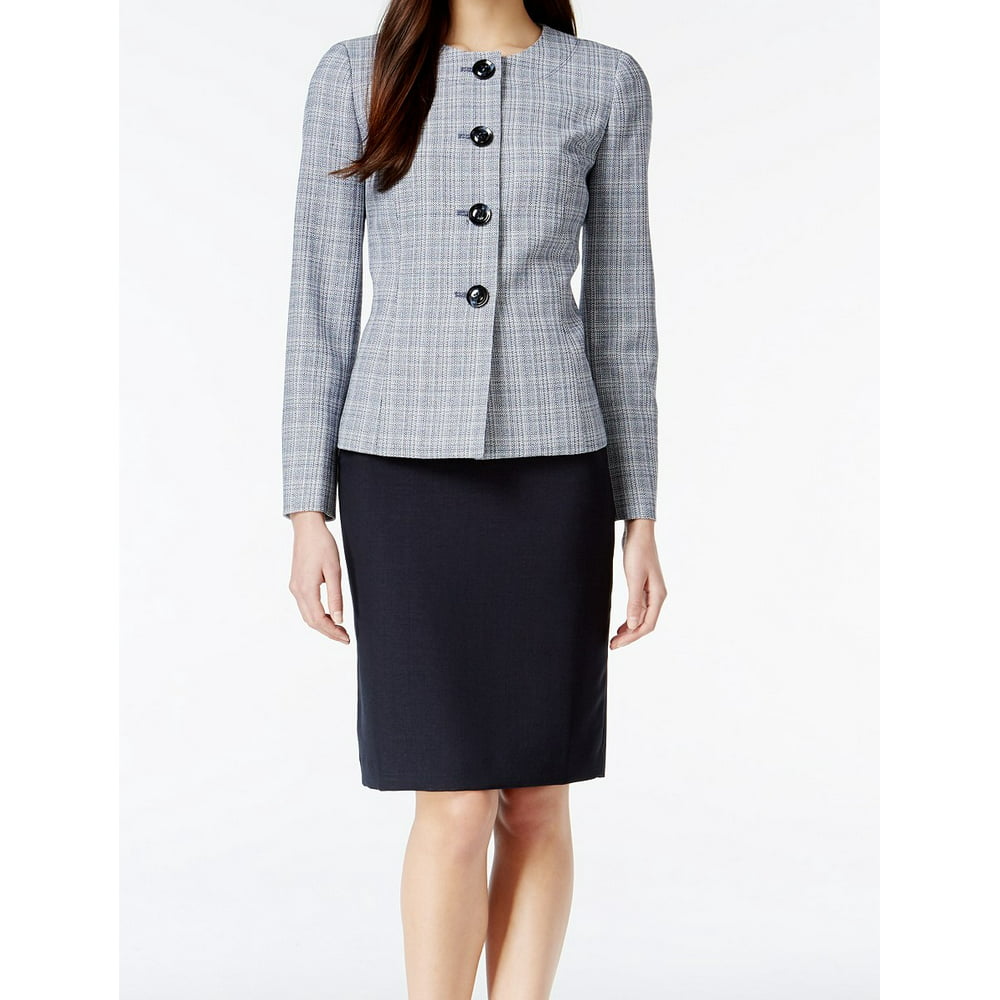 Le Suit NEW Blue Womens Size 4 Plaid Collarless Tweed Skirt Suit Set ...
