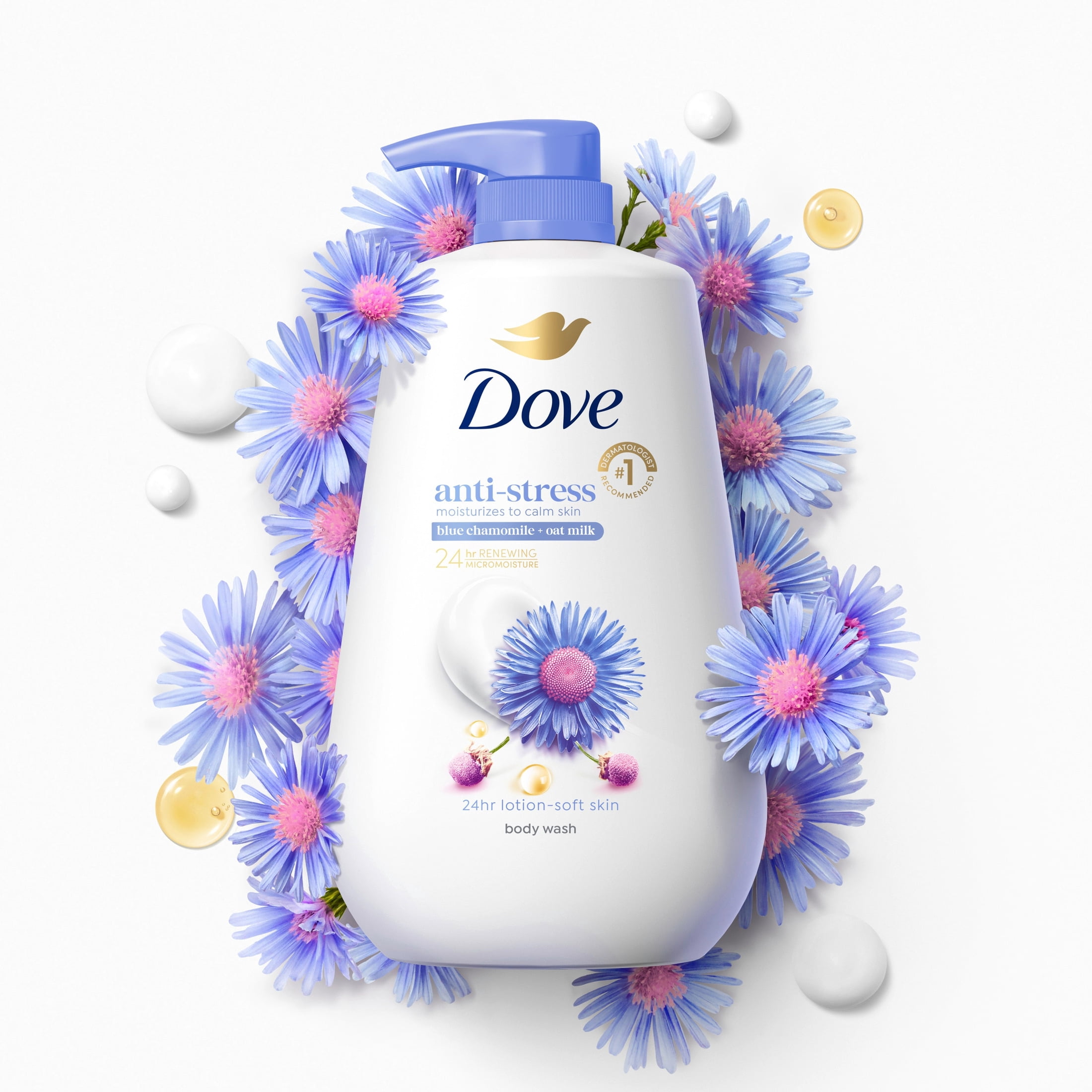 (3 pack) Dove Body Wash With Pump For 24hr Lotion-Soft Skin Anti-Stress Blue Chamomile & Oat Milk, Moisturizing Skin Cleanser with No Sulfates No Parabens ,30.6 Fl oz