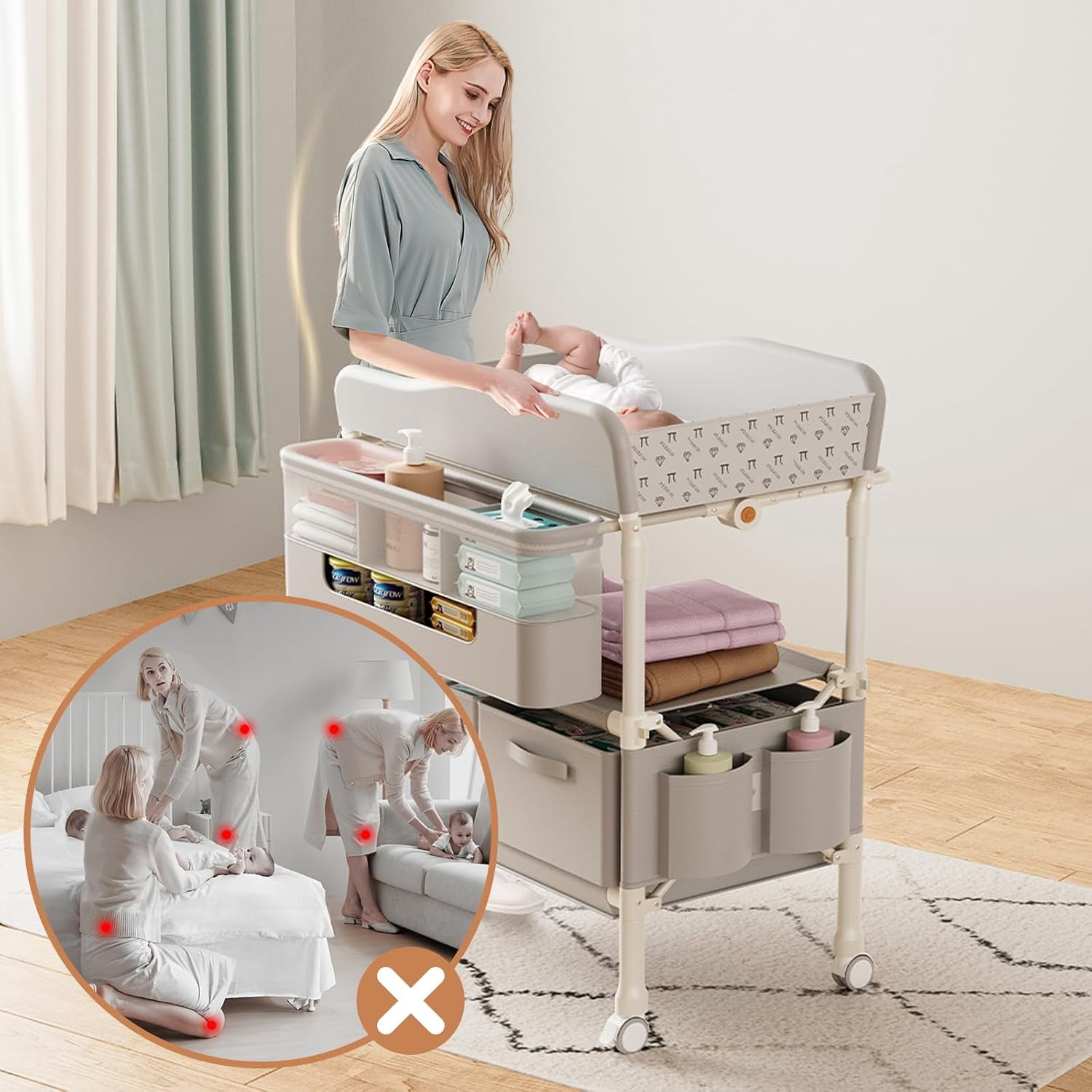 Multifunctional folding changing table with 2 drawers, portable baby changing station, includes toy shelf, mobile changing table and newborn compartment, height adjustable.