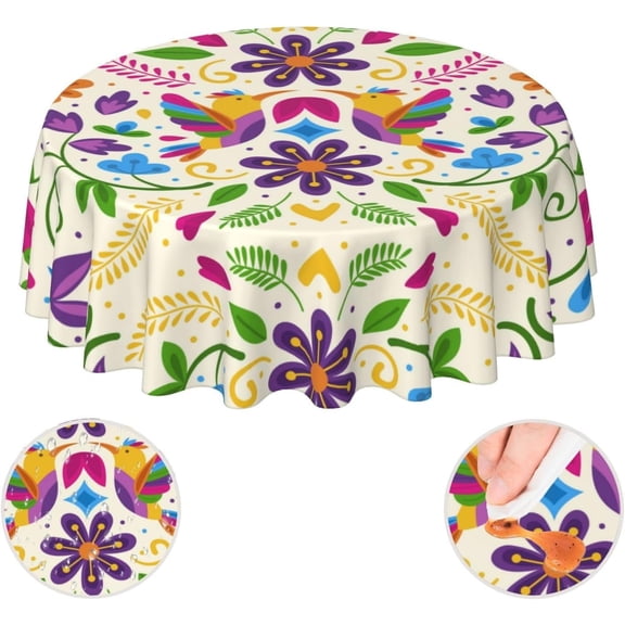Colorful Mexican Floral Mexican Pattern Round Tablecloth Waterproof Wipeable Tablecloth Cover Home Restaurant Kitchen Picnic Party Decoration 60 Inch Circular Tablecloth for 20-47 Inch