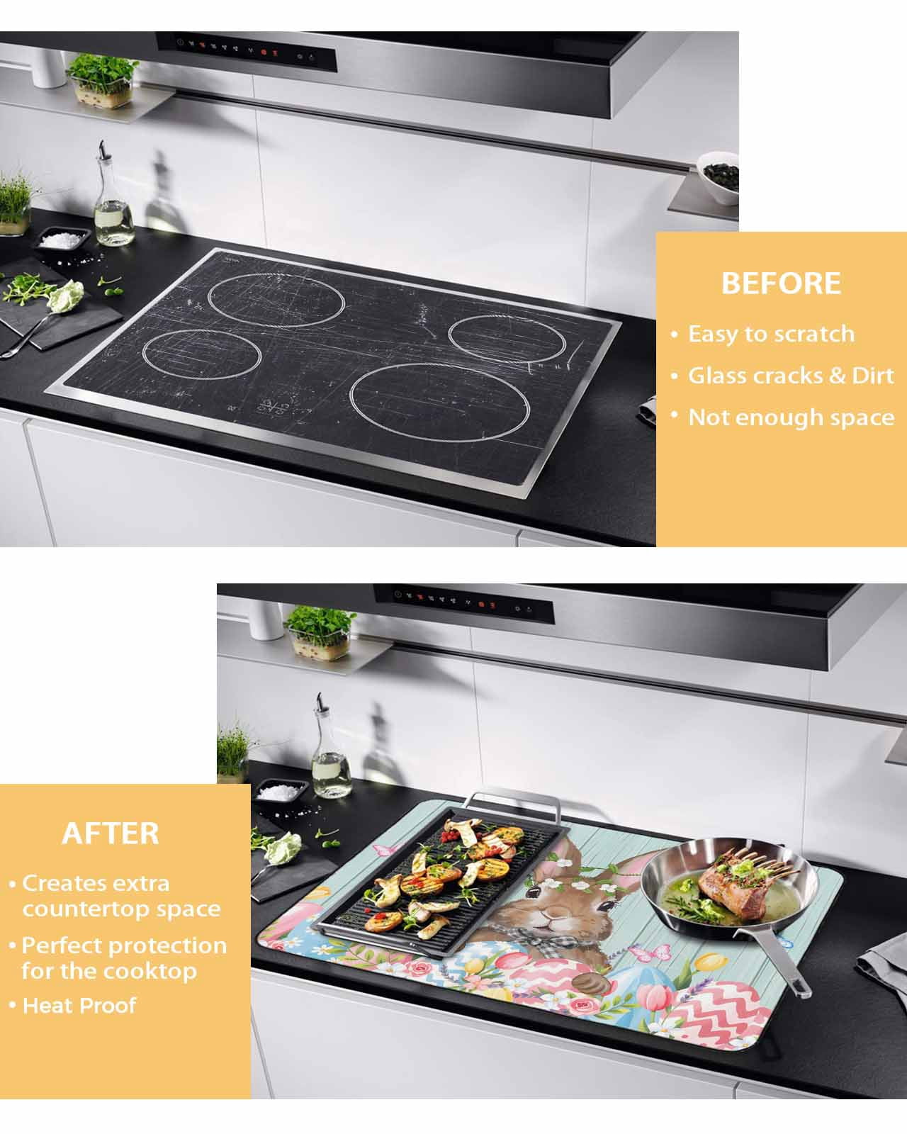 Large Induction Cooktop Protector Mat Bunny Easter Stove Top Covers for Electric Stove, Pink Blue Eggs Tulips Floral Rabbit Wooden Decorative Stove Burner Cover Mats, Glass Top Stove Cover