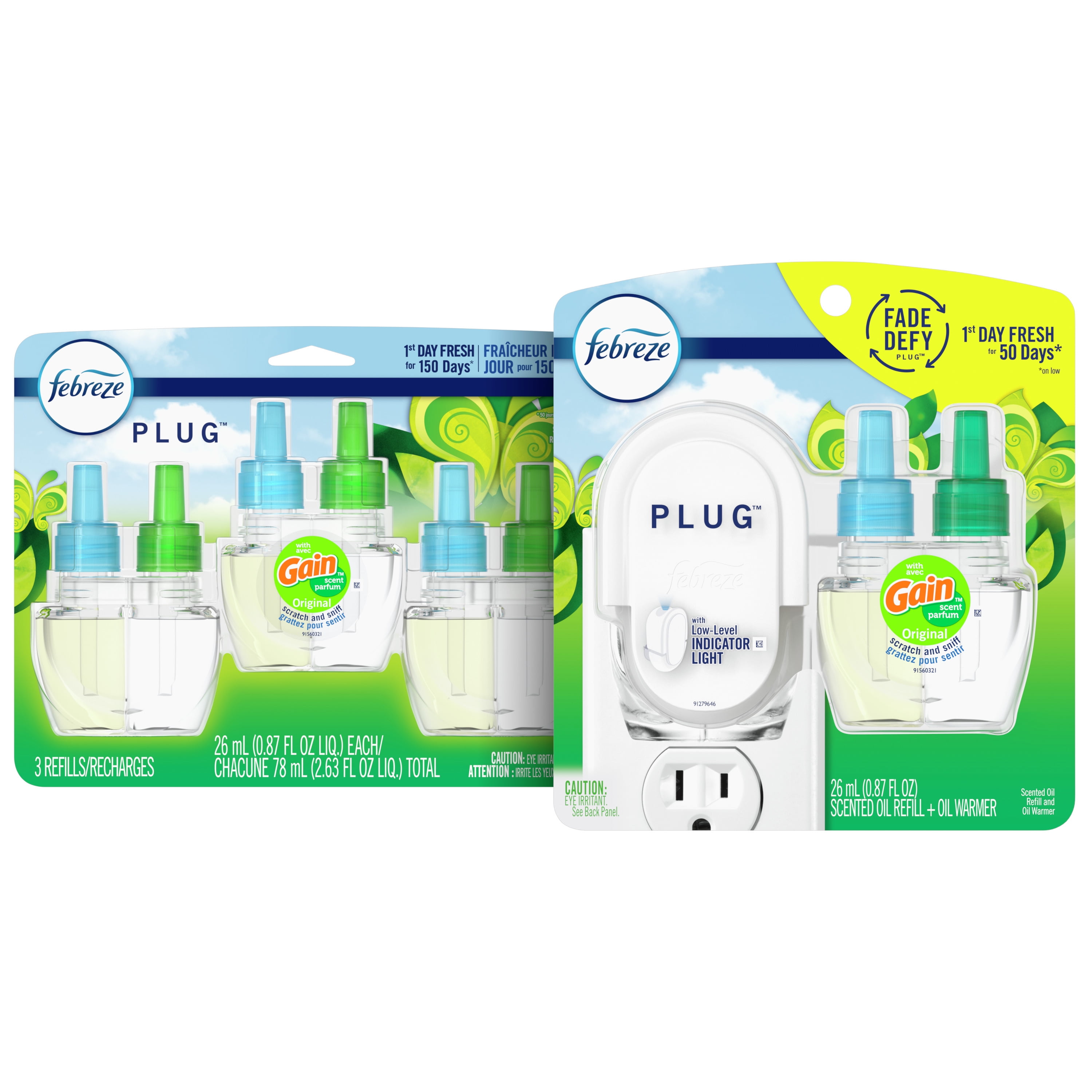 Febreze Odor-Eliminating Fade Defy PLUG Air Freshener, Gain Original, Starter Kit & (4) .87 fl oz Oil Refills