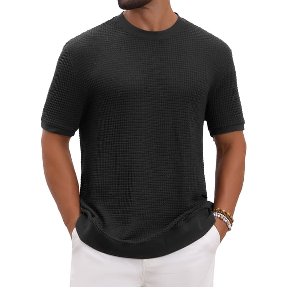 INSPIRE CHIC Men's Waffle Texture Short Sleeve Crew Neck Solid Casual Knitted T-Shirts M Black