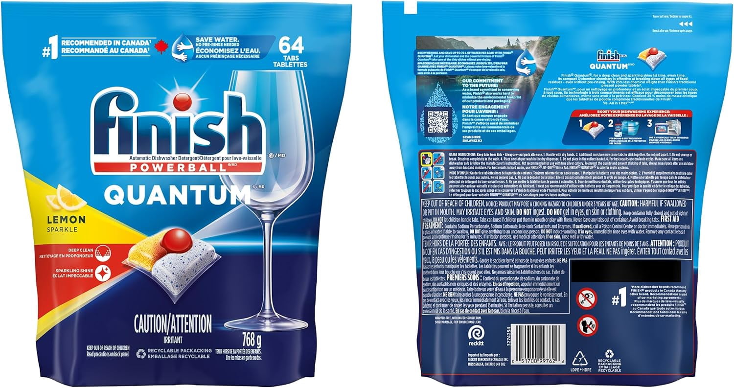 Finish Powerball Quantum Dishwasher Detergent Pods, For Deep clean & sparkling shine, Lemon Sparkle, 64 Tabs