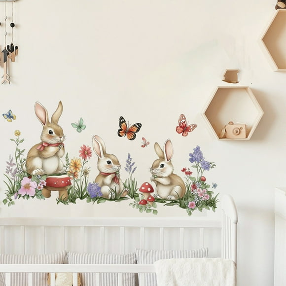 EGNMCR Easter Decorations One Metre Wall Stickers Plants Flowers Mushrooms Rabbits Wall Stickers Background Wall Room Decoration Wall Stickers Self-adhesive Wall Decals Self adhesive wall decals