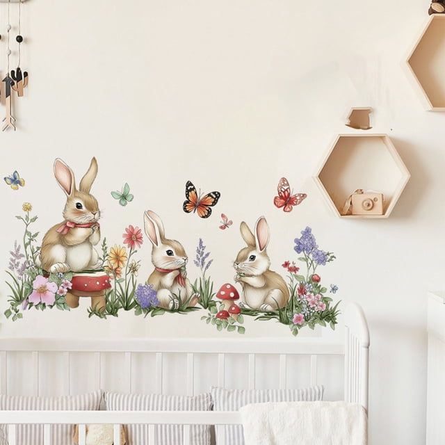 Decoraciones de Pascua, pegatinas de pared de un metro, plantas, flores, setas, conejos, fondo de pared, decoración de habitación, pegatinas de pared, calcomanías autoadhesivas, calcomanías autoadhesi