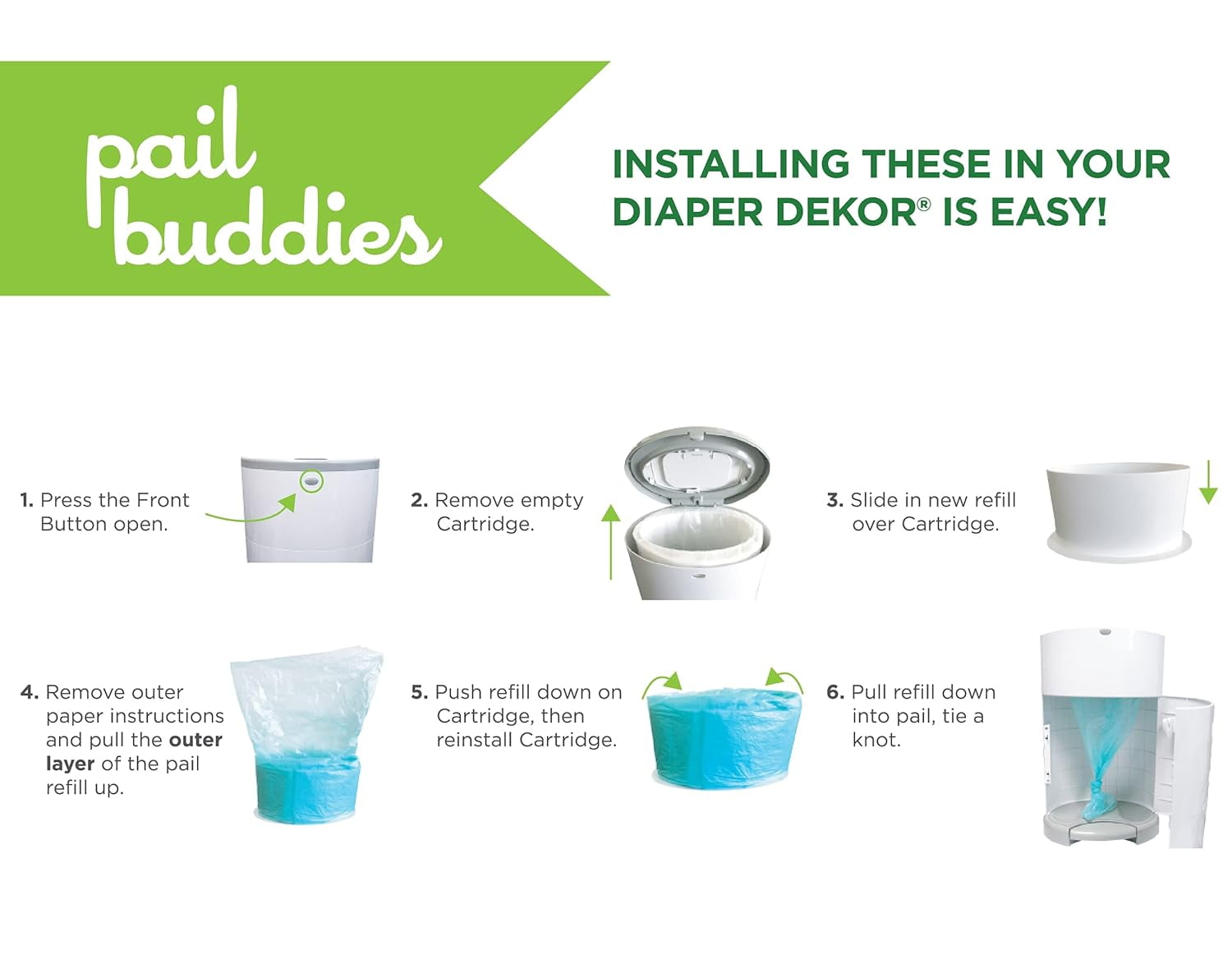 Pail Buddies Diaper Pail Refills for Dekor Classic, 6-Pack Refill Bags, Holds Up to 2,970 Diapers, Strong Disposable Liners with Odor Control, Baby Powder Scent