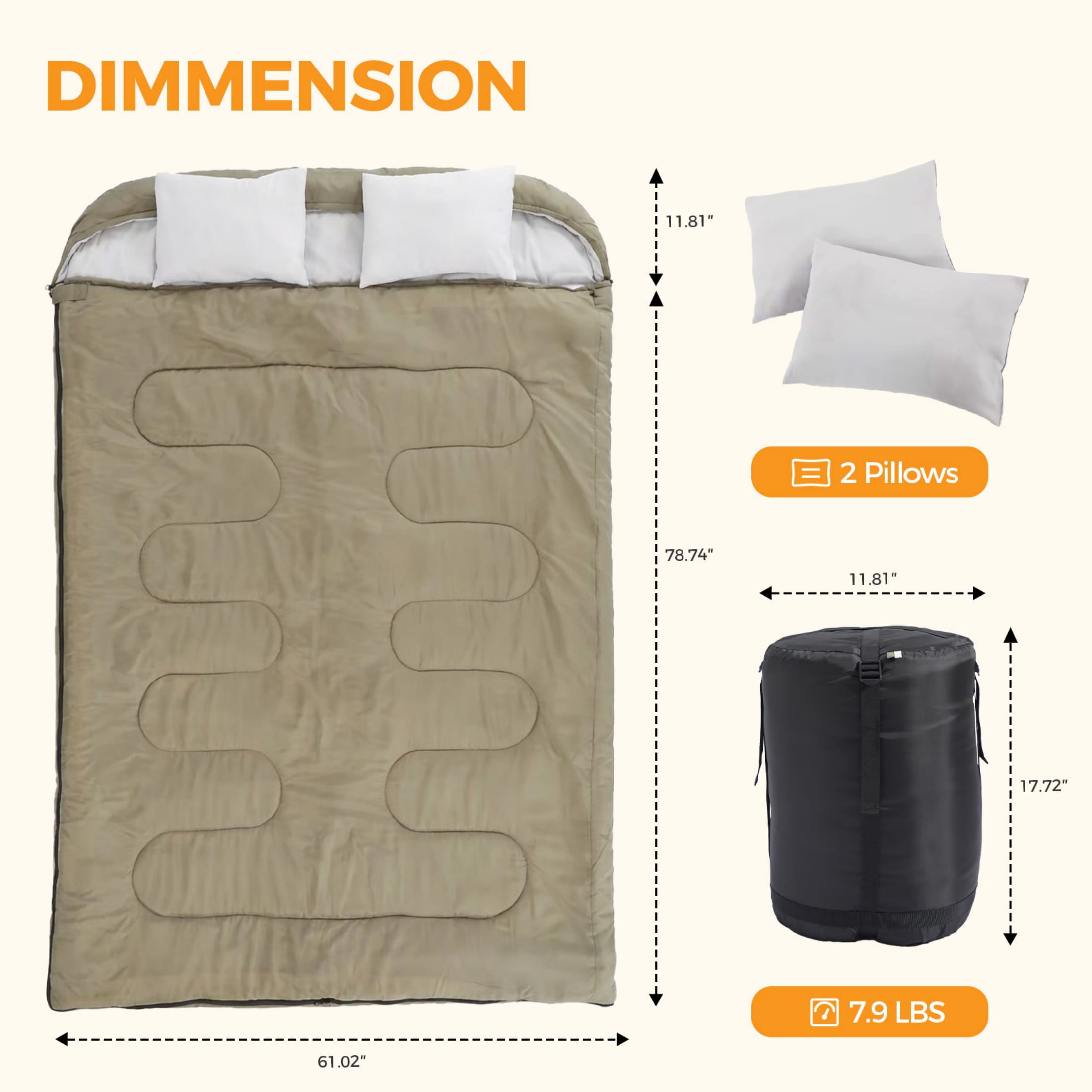 SHOUFTW Double Sleeping Bag for Adults, Lightweight Waterproof, Machine Washable for Camping Hiking Backpacking, Army Green