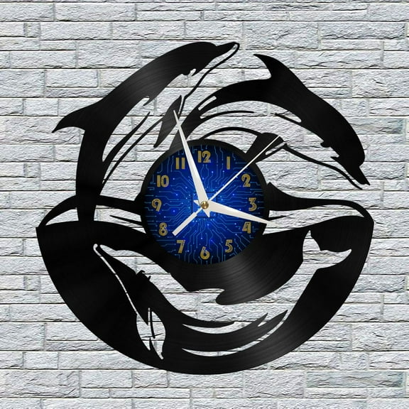 Three Dolphins 12 Inch Vinyl Record Wall Clock - Silent, Creative, and Unique Clock for Living Room, Entryway, or Bedroom Decor - Perfect Gift Idea(12 inchs B without LED)