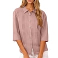 thumbnail image 5 of Lpmadey Women's Cotton Blend Button Down Shirt 3/4 Sleeve Collared Blouse Pleated Front Casual Loose Summer Tops S-2XL, 5 of 7