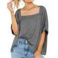 thumbnail image 2 of Lovskoo Summer Tops for Women 2024 Square Neck Short Sleeve Solid Color Oversized Tops Basic Casual Loose T Shirt Gray, 2 of 8