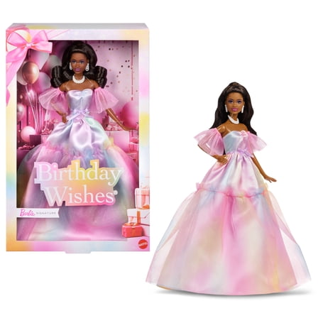 Barbie Signature Birthday Wishes Fashion Doll in Dress with Pastel Rainbow Effect, Collectible Gift