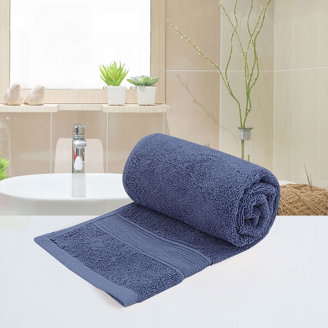 Unique Bargains 2-Pack 100% Cotton Soft Drying Hand Face Towels Navy Blue