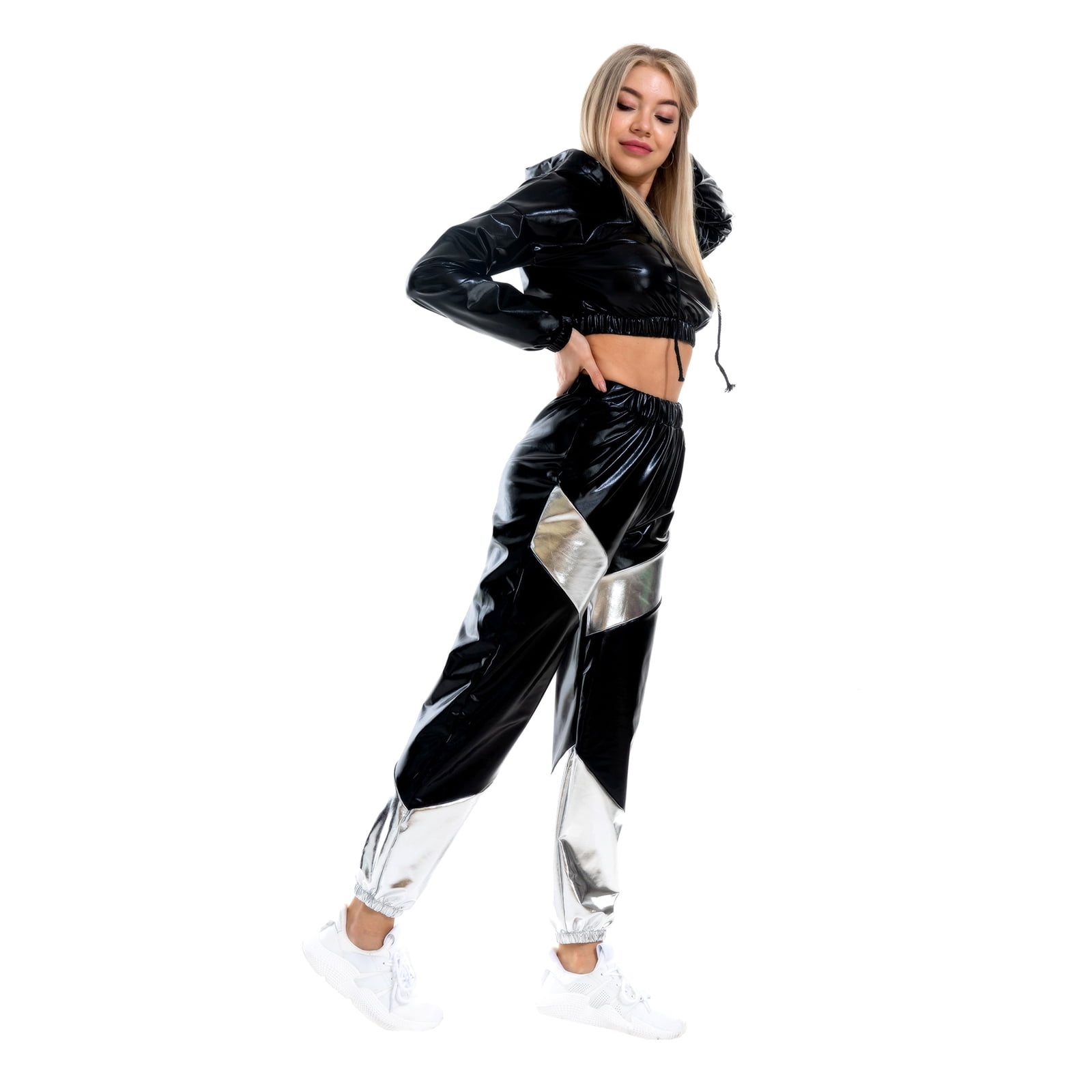 IBTOM CASTLE Women's Rave Outfit Shiny Crop Top Hoodie Casual Long Pants Hooded Workout Sweatshirt Dance Clubwear XXL Black