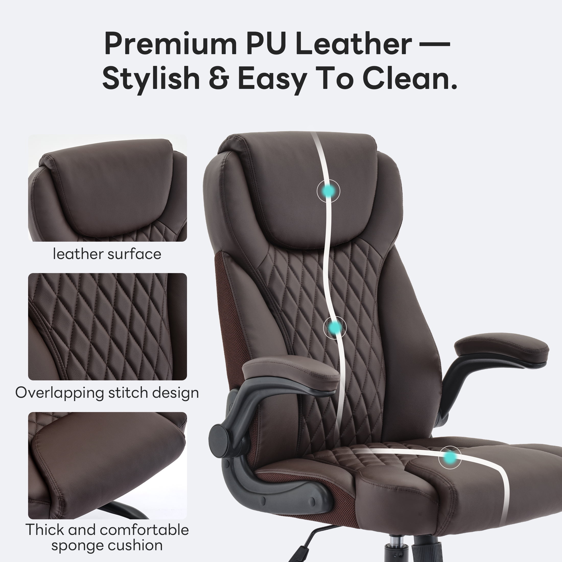TMV Office Chair, Ergonomic Big and Tall Computer Desk Chairs, Executive PU Leather Chair with Adjustable Flip-up Armrests, Lumbar Support Swivel PC Chair with Rocking Function，Brown