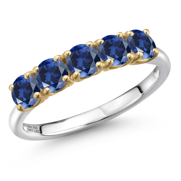 Gem Stone King 1.25 Cttw Blue Created Sapphire Wedding-Bands 5-Stone Ring for Women | 925 Silver and 10K Yellow Gold | Round 4MM | Gemstone September Birthstone| Size 8