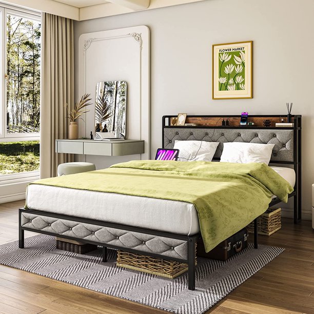 Queen Bed Frame with Headboard Bed Frame with Charging Station Platform