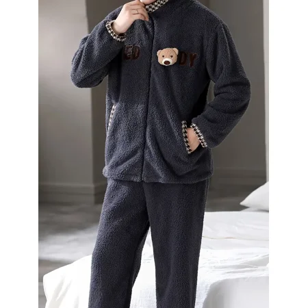 

Men‘s Fleece Thermal Soft Pajama With Zipper For Winter Lounge And Sleep Wearing