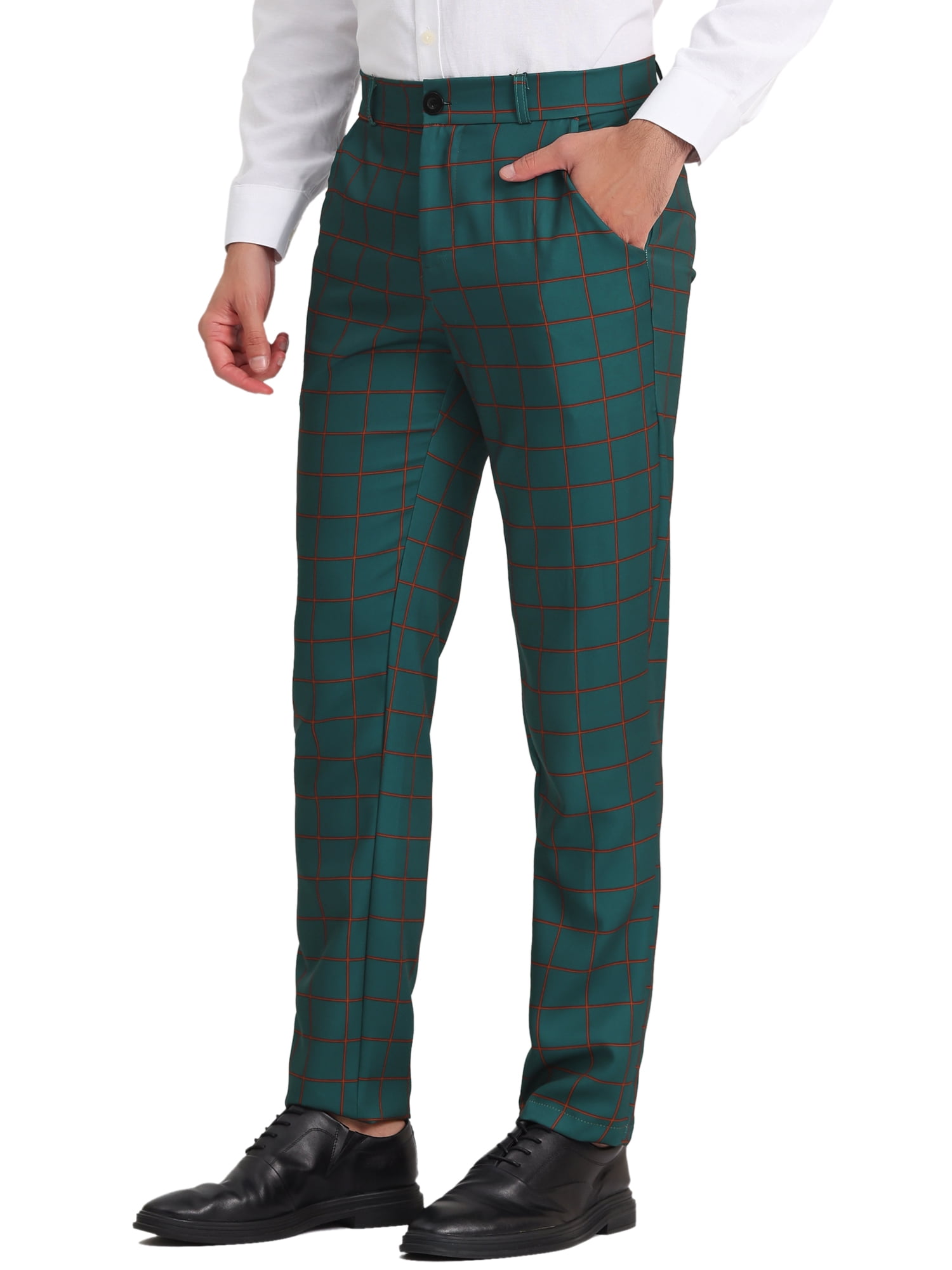 Unique Bargains Men's Plaid Printed Straight Leg Business Casual Checked Pants 34 Dark Green