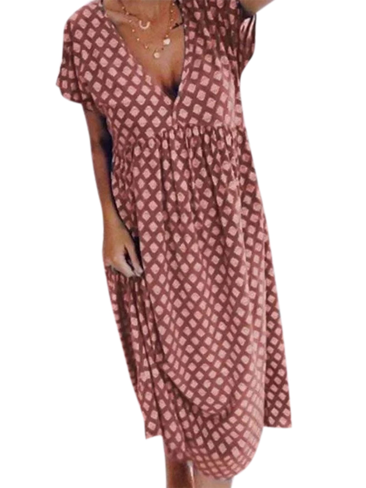 Wodstyle - Women's V Neck Short Sleeve Loose Sundress Summer Plus Size Beach Long Dress 