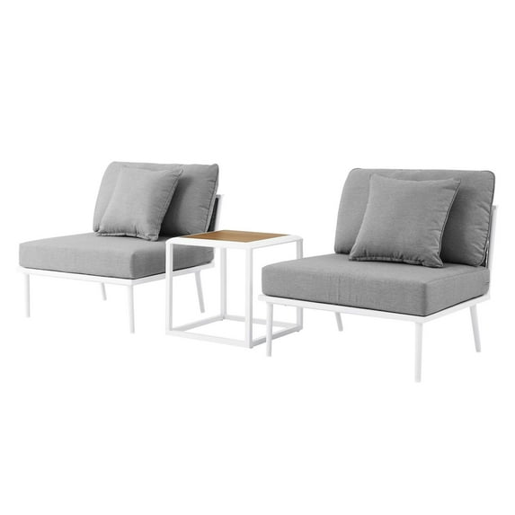 Lounge Chair Table Set, White Grey Gray, Aluminum, Metal, Fabric, Modern Contemporary, Outdoor Patio Balcony Cafe Bistro Garden Furniture Hotel Hospitality