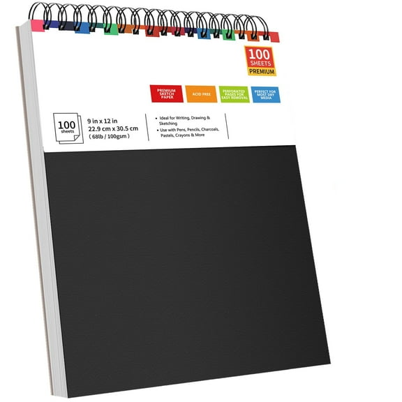 Spiral Bound Sketchbook 9x12 Inches, 100 Sheets Acid Free Drawing Pad for Artists, Thick 68lb/100gsm Paper, Ideal for Pencils Charcoal Pastels, Black