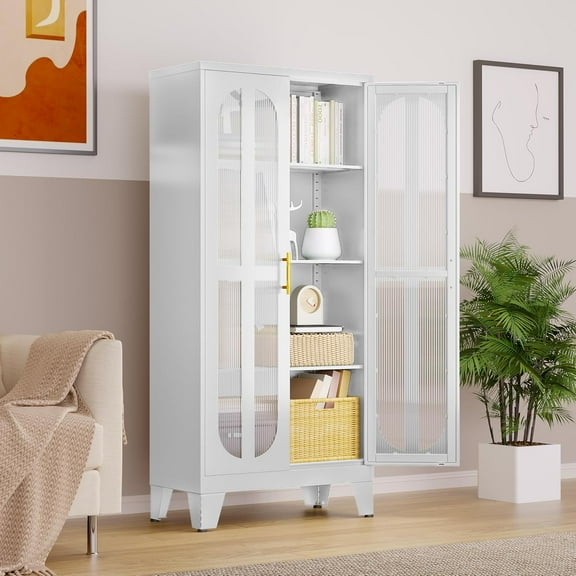 KAIFAM Kitchen Pantry Cabinet, 61" Tall Metal Storage Cabinet with 2 Glass Doors and 3 Adjustable Shelves for Kitchen, Dining Room, Living Room, Home, Office (White)