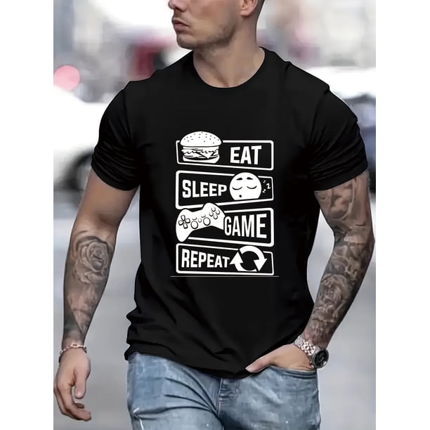 " Eat Sleep Game Repeat "Stylish Print Summer & Spring Tee For Men, Casual Short Sleeve Fashion Style T-Shirt, Sporty New Arrival Novelty Top For Leisure