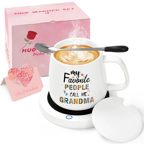 Gifts for Grandma - My Favorite People Call Me Grandma Coffee Mugs Warmer Set, Auto Shut Off Smart Coaster, Grandma Gifts, Natubeau White 14 fl oz Mugs Smart Warmer