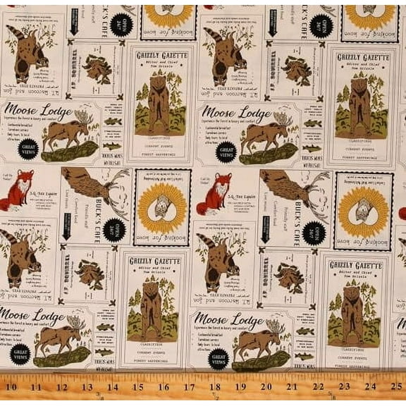 Cotton The Great Outdoors Woodland Animals Vintage Forest Advertising Novelty Collage Text Cloud Cotton Fabric Print by The Yard (20881-11)