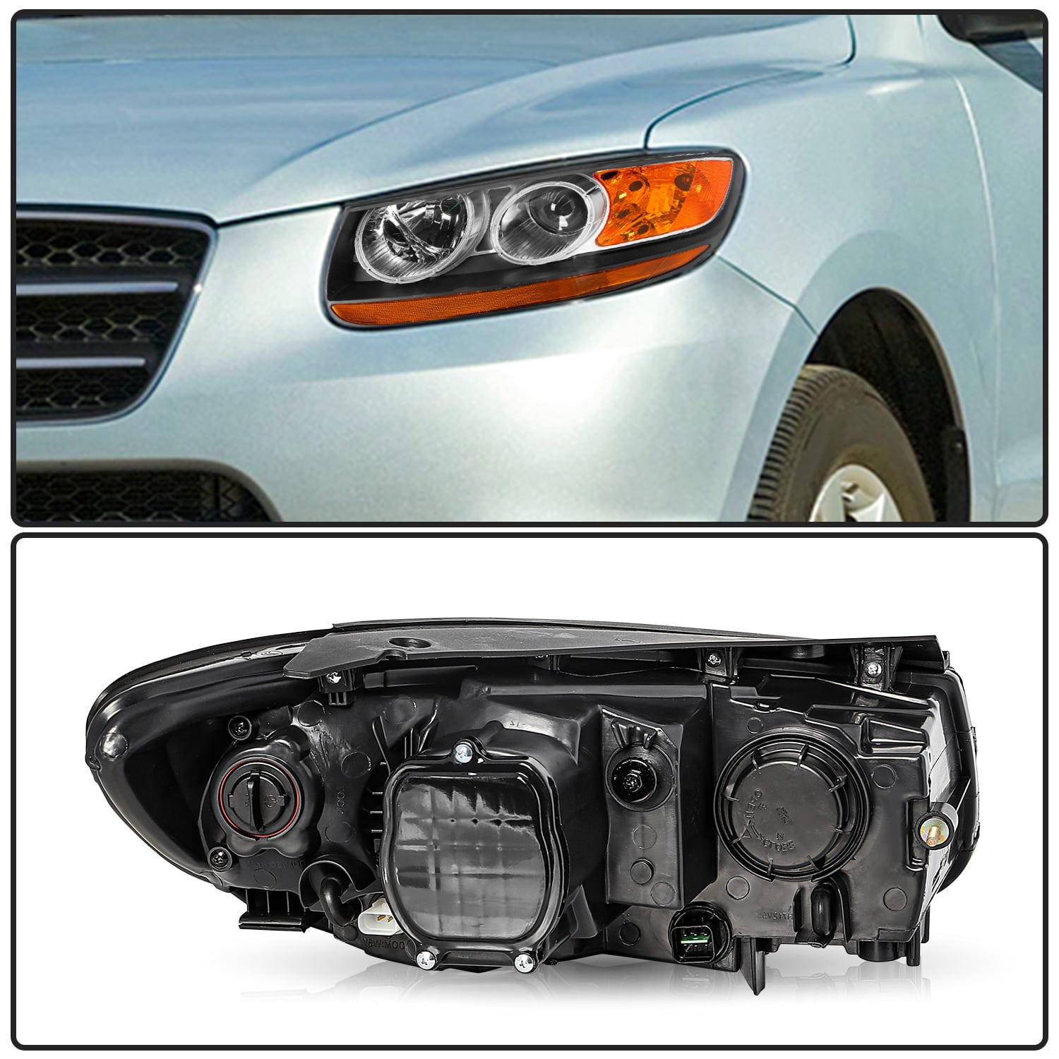 For 2007-2012 Hyundai Santa Fe 6pin Halogen 2pcs Headlights Black Amber Headlamps Assembly 07-12