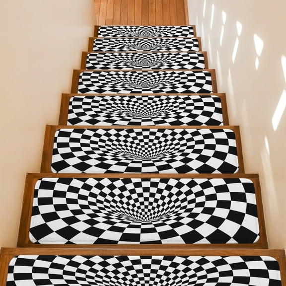 Black White Checker Stair Treads Non Slip for Steps Modern Abstract Checkered Tunnel Mosaic Cubes 4 Pcs Reusable Adhesive Stair Runner Mats for Dogs Elders Carpet Treads Rugs for Staircase 8x30 In