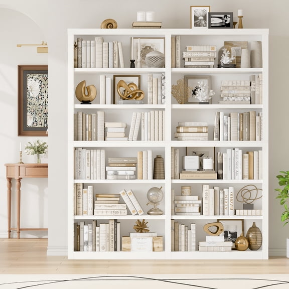 Hiphuta 63"W Extra Large and Sturdy Bookcase, Double Wide 6-Tier Bookshelf, Tall Bookcase for Home Office and Living Room, Wooden Freestanding Display Shelf, White