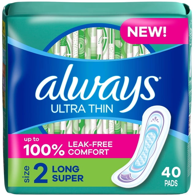 Always Ultra Thin Feminine Pads without Wings for Women, Size 2, Long Super Absorbency, Unscented