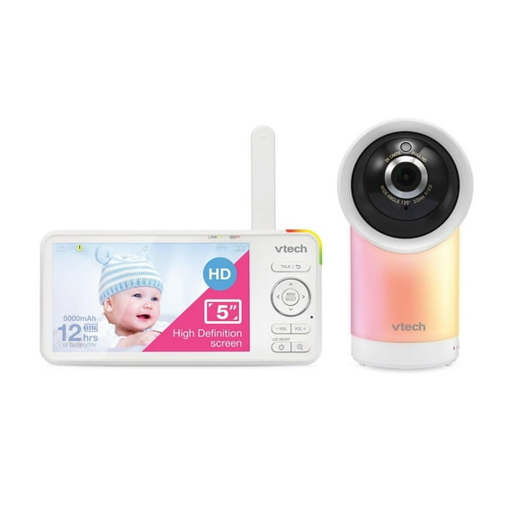 RM5766HD de VTech, Moniteur de bébé vidéo intelligent 1080p avec accès à distance de 360 degrés à panoramique et inclinaison haute définition de 720p à écran de 5 po, vision nocturne, blanc