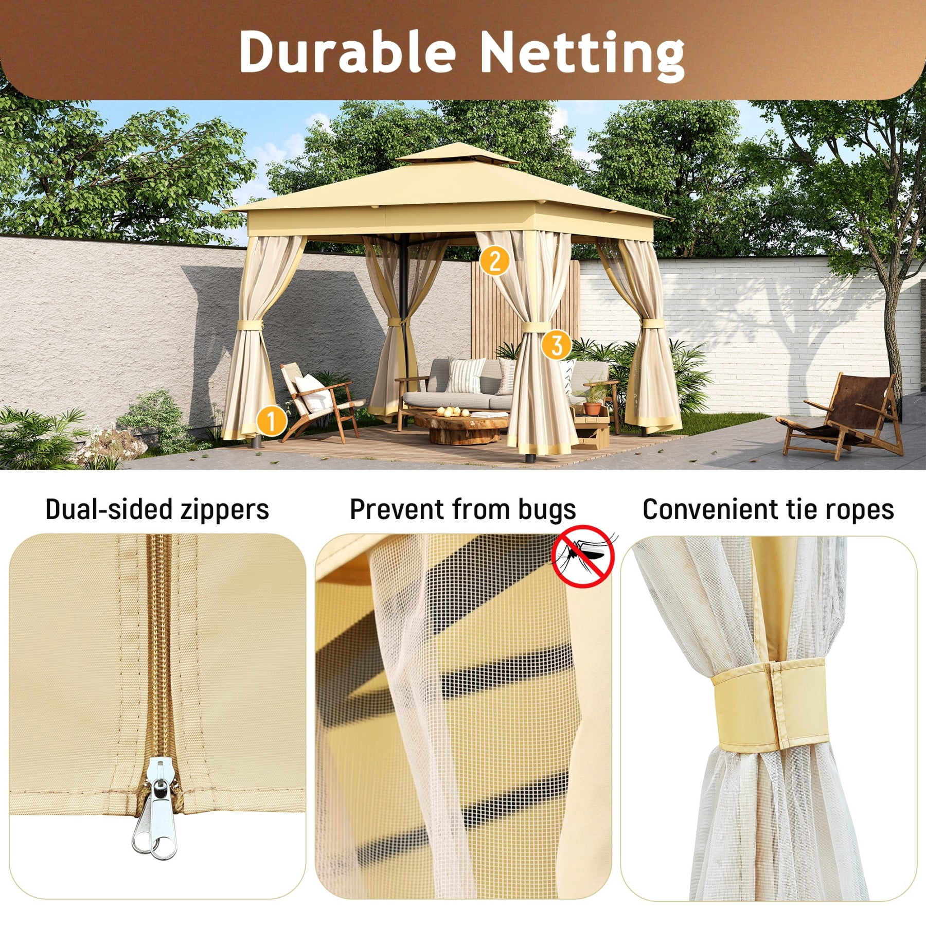 10'x10' Outdoor Gazebo Tent with Double Roofs, Patio Gazebo with Mosquito Netting, Patio Canopy for Backyard, Garden, Lawn and Deck,Beige