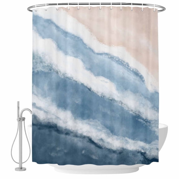 Small Stall Shower Curtain 36x72 Inch Narrow Half Size Summer Ocean Bath Curtains Bathroom Decor, Coastal Sea Waves Beach Ombre Blue Waterproof Fabric Shower Curtain Set with Hooks 36 Inch