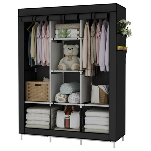AGASY Portable Wardrobe Closet Clothes Organizer Non-Woven Fabric Cover with 6 Storage Shelves, 2 Hanging Sections and 4 Side Pockets (Black, Medium)