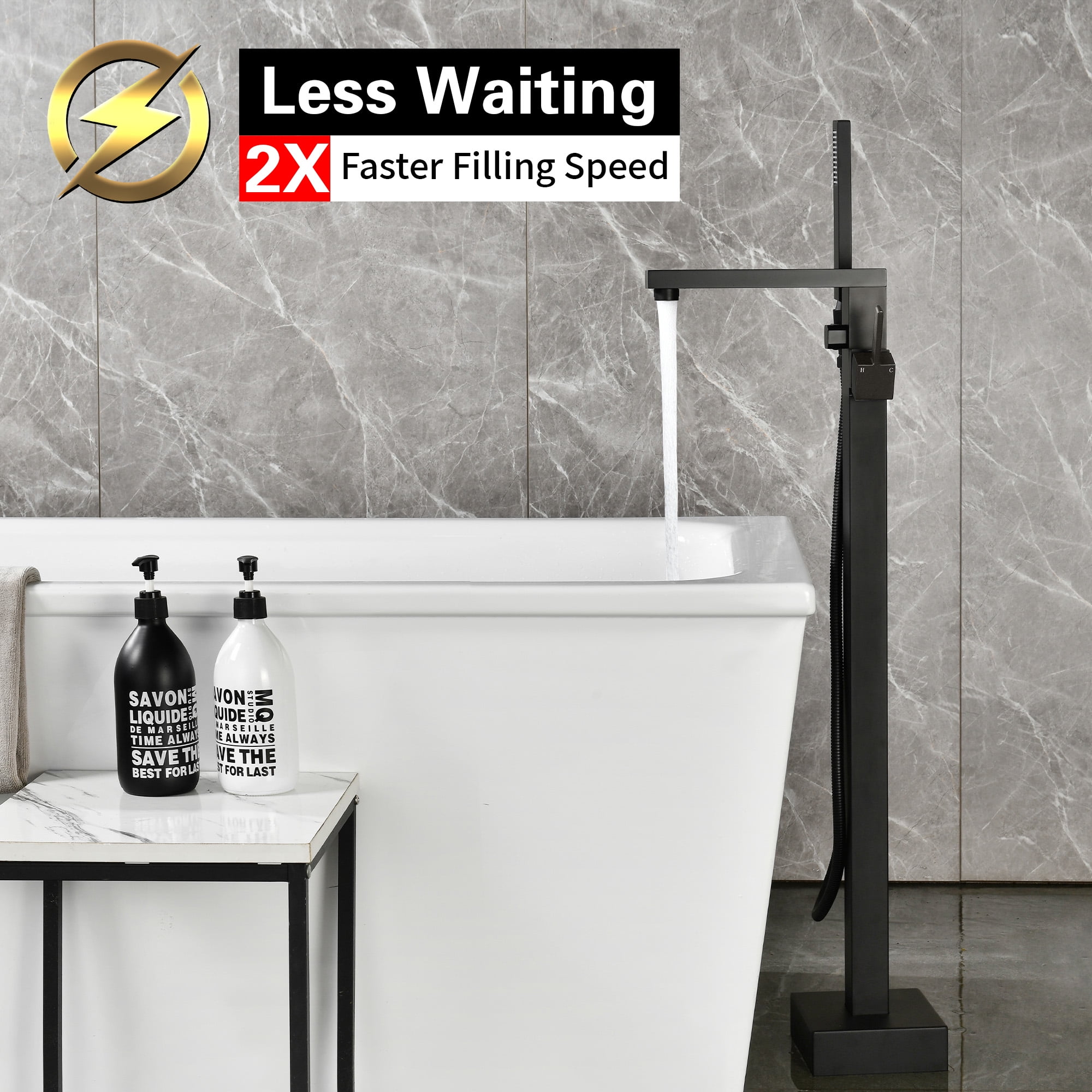 SUMERAIN Floor Mount Bathtub Filler Faucet with Hand Shower, Matte Black High Flow Freestanding Bathroom Tub Faucet with 360-degree Swivel Spout