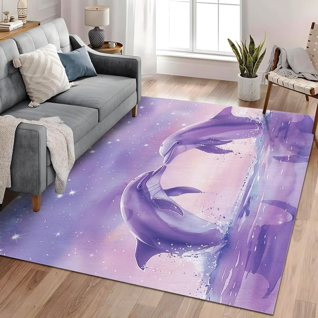 Area Rugs 2x3 ft Animal Dolphin Purple Stain Resistant Washable Rug, Machine Washable Rug with Non-Slip, Area Rug for Living Room Bedroom Dining Home Office