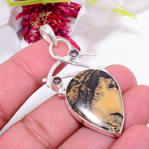 Honey Dendritic Opal - Mexico & Purple Amethyst Designer Handmade 925 Sterling Silver Pendant 2.15" Sku28, Brown Pendant, Natural Gemstone Pendant