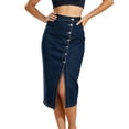 thumbnail image 2 of Zynoxe Womens Plus Size Jean Skirts Trendy High Waist Hidden Side Split Under Button Placket Bodycon Skirts Stretch Washed Midi Skirts Dark Blue S, 2 of 9