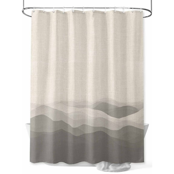 Boanket Polyester Fabric Grey Beige Ombre Shower Curtain, Minimalist Ocean Waves Linen Waterproof Bathtub Curtain Bathroom Decor Set with Hooks 36 x 78 Inches,