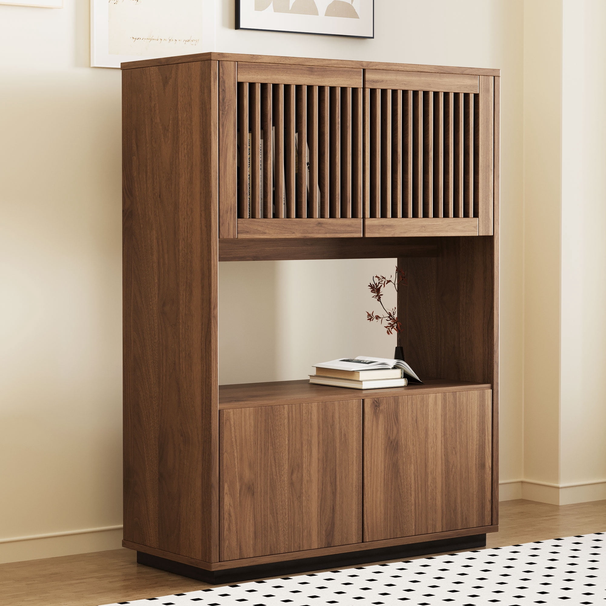 NessCarsti Modern Storage Cabinet, 4 Doors, Shelves, Walnut Brown, 33.46"