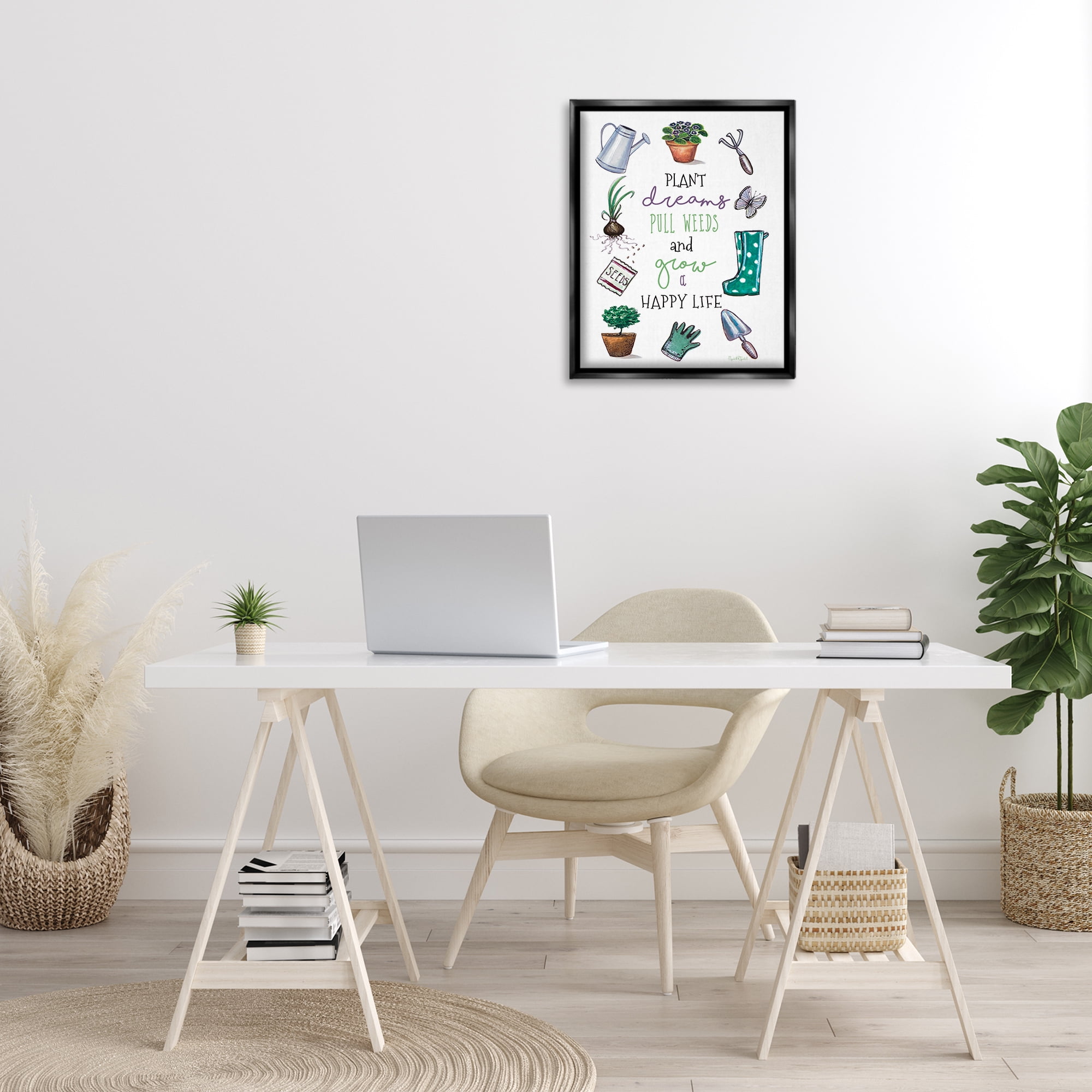 Stupell Industries Grow a Happy Life Botanical & Floral Painting Black Floater Framed Art Print Wall Art, 17 x 21